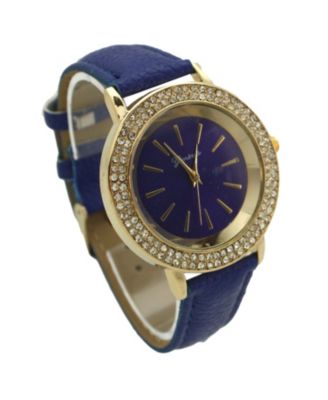 Blue Rhinestones Detail Leather Strap Watch