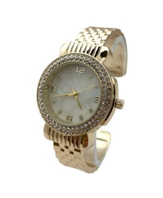Gold Round Face Rhinestone Bezel Bangle Women Watch