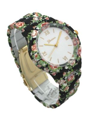 Black Floral Flowers Band Women Watch