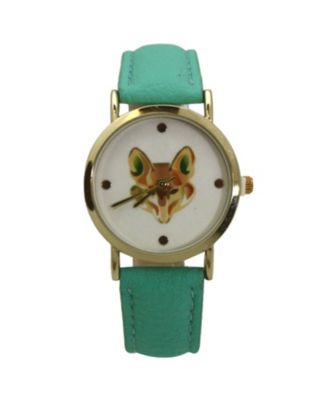 Mint Fox Face Leather Strap Watch
