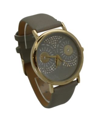 Gray Dazzling Owl Face Leather Strap Watch