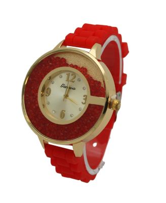 RED FLOATING COLORFUL STONES SILICONE STRAP WATCH
