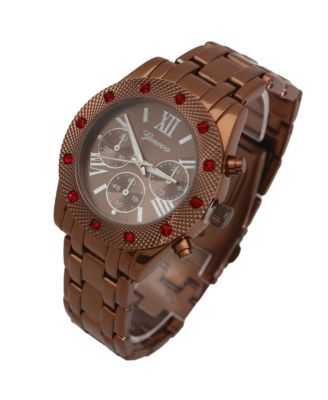Brown Women's Red Rhinestone Detail Boyfriend Metal Watch