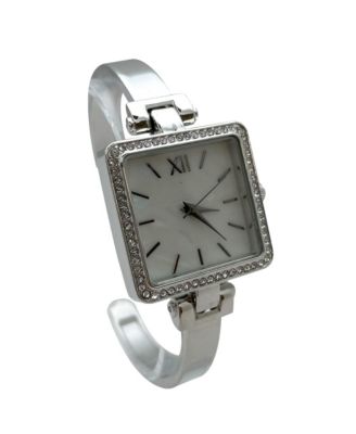 Silver Square Face Thin Rhinestone Bezel Bangle Women Watch