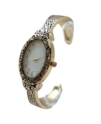 Gold Oval Face Elegant Textured Bangle Women Watch