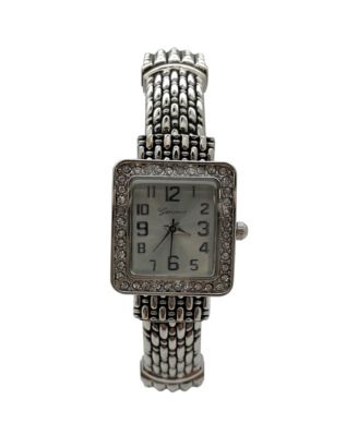 Elegant Detailed Band Square Face Bangle Women Watch, Silver