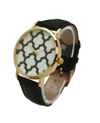 Black Geometric Pattern Leather Strap Watch