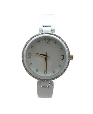 White Round Face Rhinestone Bezel Soft Bangle Women Watch