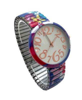 Colorful Floral Big Dial Easy Reader Watch Floral Elastic Stretch Band Wristwatch Women Watch