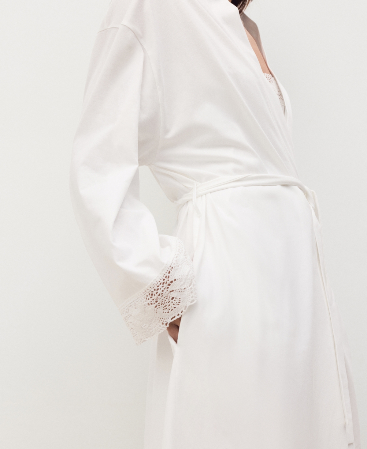 Mango Lace Trim Tie Waist Cotton Robe In White