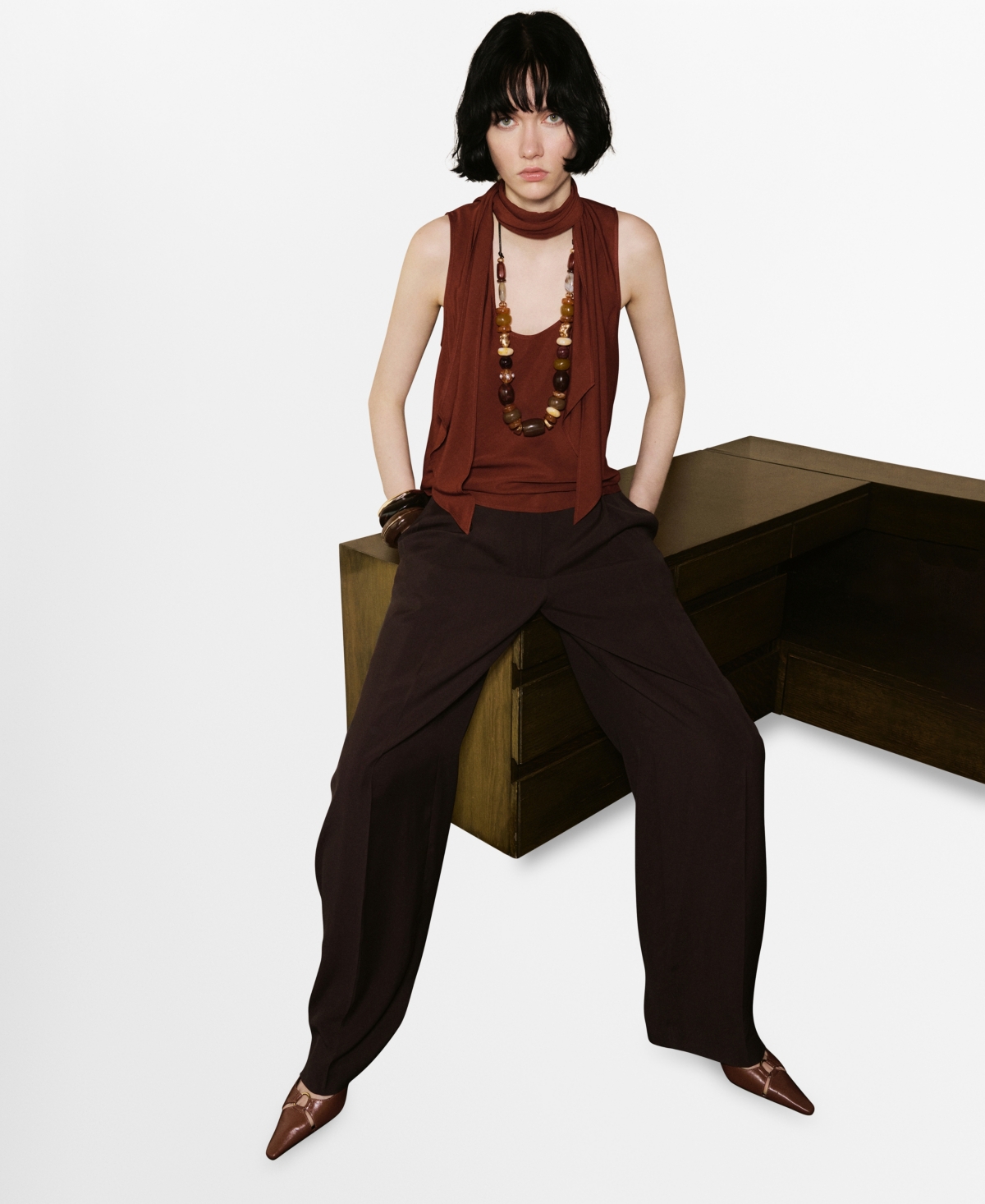 Mango Women's Foulard Neckline Blouse In Brown