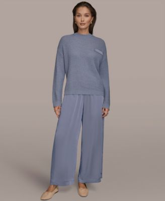 Women's Long-Sleeve Wool Cashmere Blend Waffle Stitch Sweater with Chest Pocket