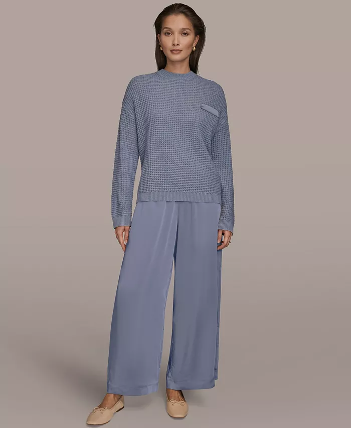 Women's Long-Sleeve Wool Cashmere Blend Waffle Stitch Sweater with Chest Pocket - thumbnail 5
