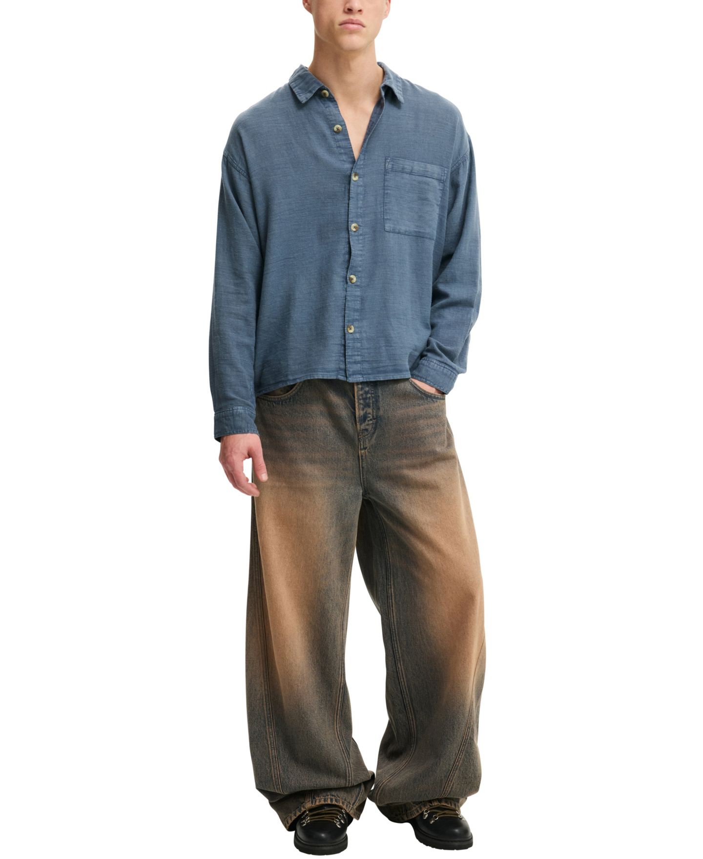 Мужская рубашка Cotton On Washed Long-Sleeve, цвет: Тёмно-синий — фото 2