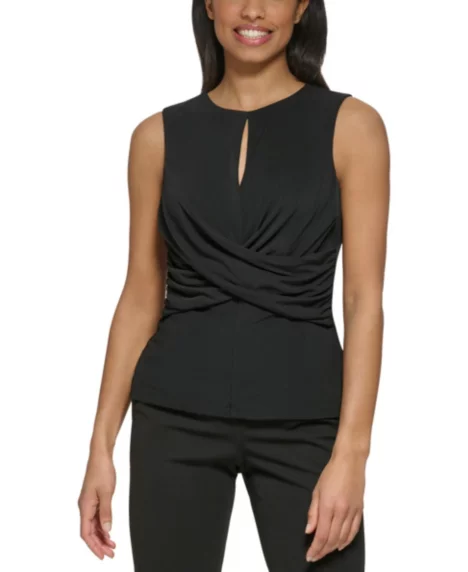 Petite Sleeveless Round Neck Keyhole Criss Cross Wrap Top - Black