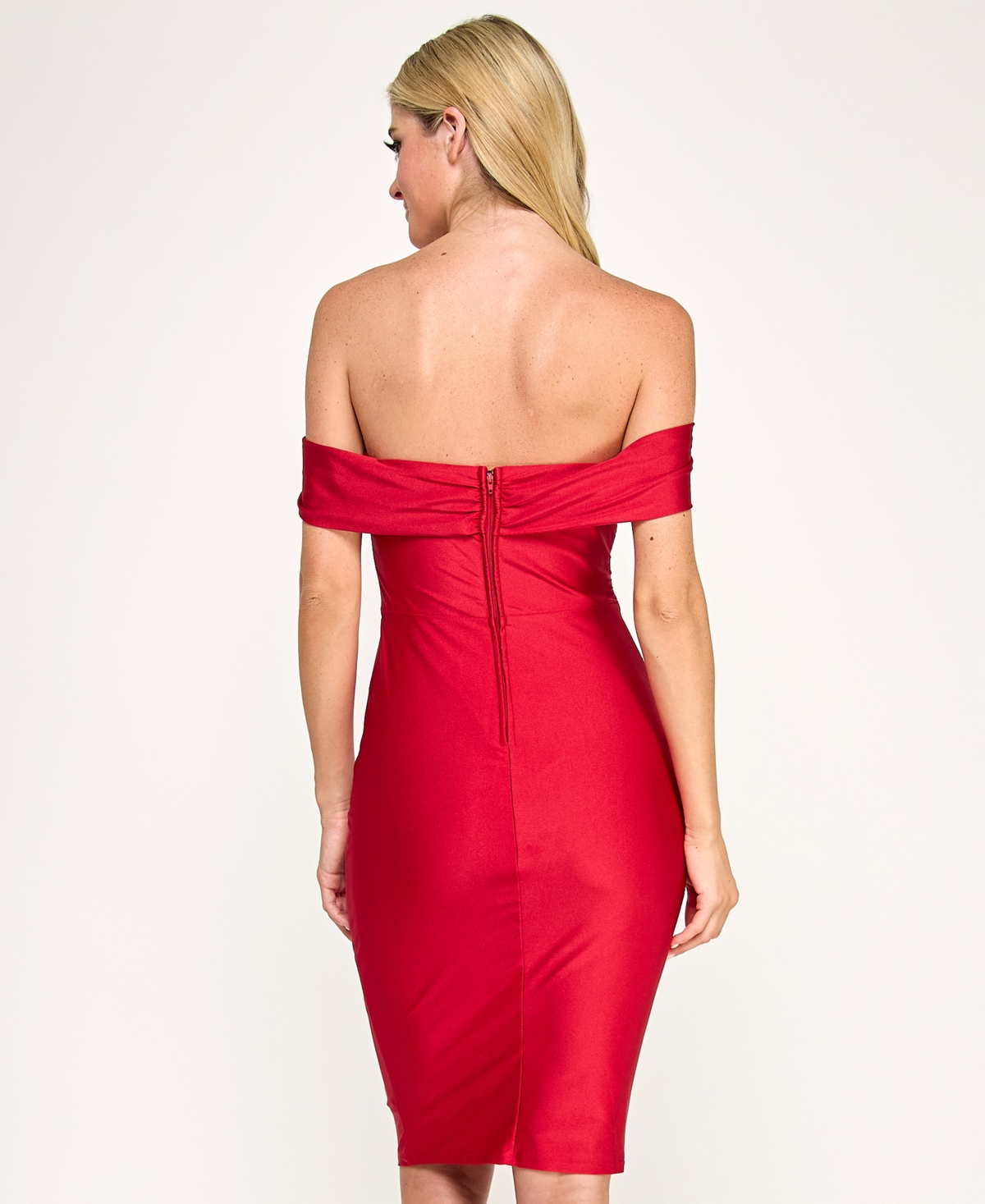 City Studios Juniors' Side Ruched Off-the-shoulder Midi Dress In Red