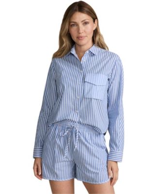 Women's Cotton Poplin 2 Piece Pajama Set - Long Sleeve Top and Shorts with Piping