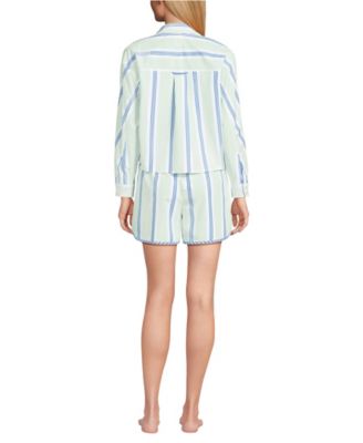 Women's Cotton Poplin 2 Piece Pajama Set - Long Sleeve Top and Shorts with Piping