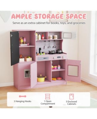 Play Kitchen Toy Set w/ Chalkboard Oven Sink Curtain Microwave Water Dispenser