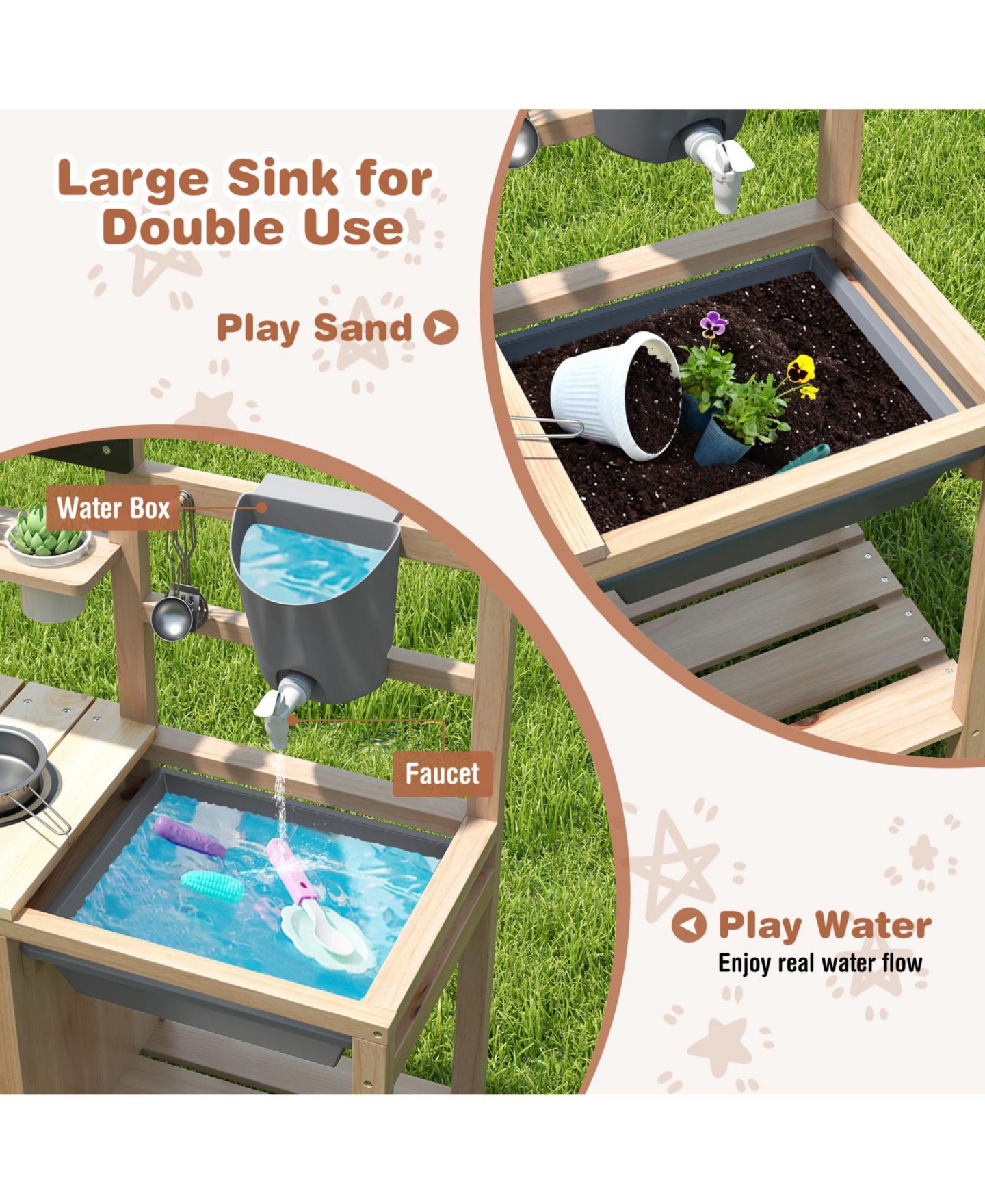 Детские игрушки Gymax Outdoor Wooden Mud Kitchen Playset, 17-Piece Set, Ages 3+, цвет: Натуральный — фото 6