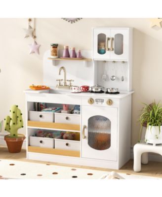 Kids Kitchen Playset Toy Play Kitchen w/ 4 Fabric Drawers Stoves Oven & Faucet