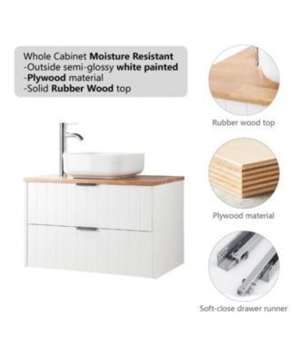 Streamdale 32" Double Drawer White Vanity, Natural Wood Top, Ceramic Sink & Round Mirror