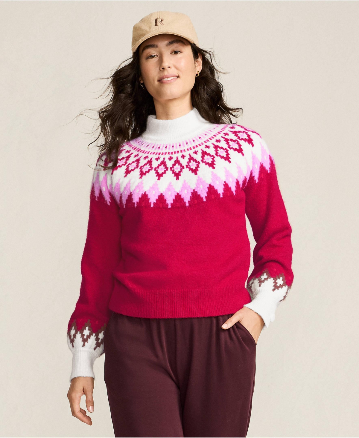 Lands' End Women's Fuzzy Turtleneck Lantern Sleeve Jacquard Sweater