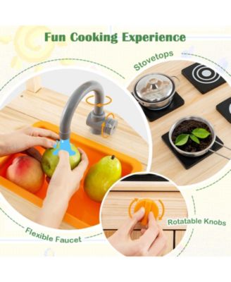 Kids Mud Kitchen Outdoor Wooden Pretend Play Kitchen w/ 4 Stoves, Canopy Faucet