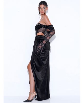Women's Quintessa Black Lace Velvet Corset Off Shoulder Gown