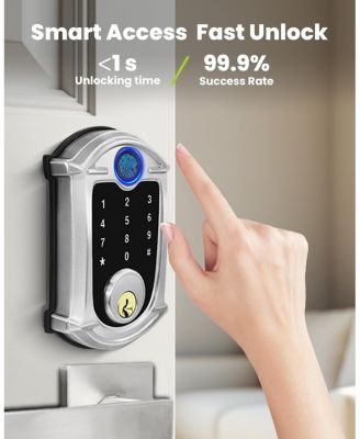 Keyless-Entry Deadbolt Smart Lock with Fingerprint, Keypad, Key Fob, Smartphone Bluetooth Control, Auto-Lock, IP56 Waterproof, Satin Nickel