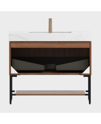  Carrara Stone Top Vanity: Walnut Cabinet, Ceramic Basin