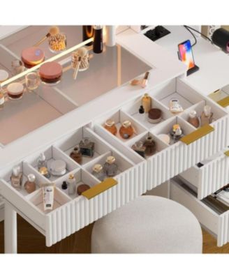 Vanity Desk with Mirror & Lights, Glass Top Makeup Table