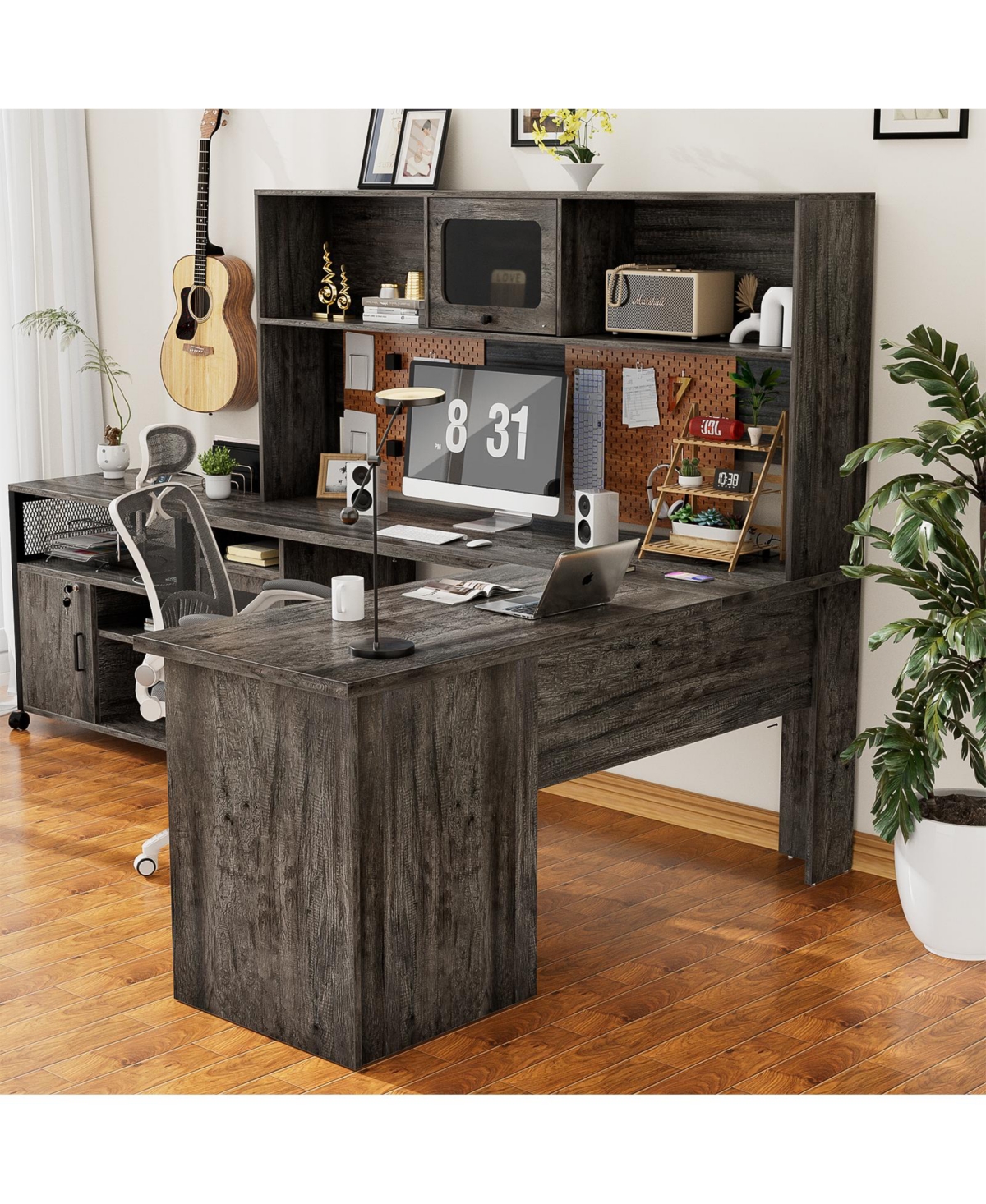 L Shaped Desk with Hutch, Corner Workstation Charge Station and File Cabinet