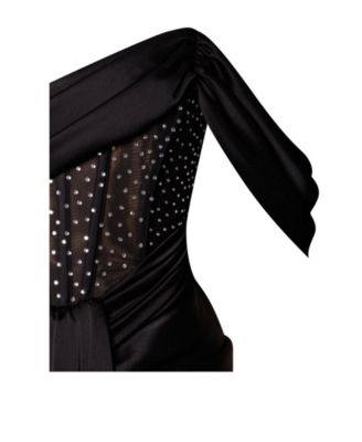 Women's Stella Black Off Shoulder Crystal Corset Satin Gown