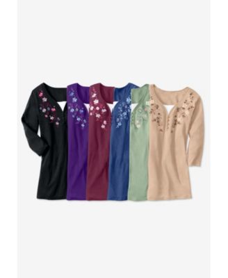 Plus Size 7-Day Layered-Look Embroidered Henley Tunic
