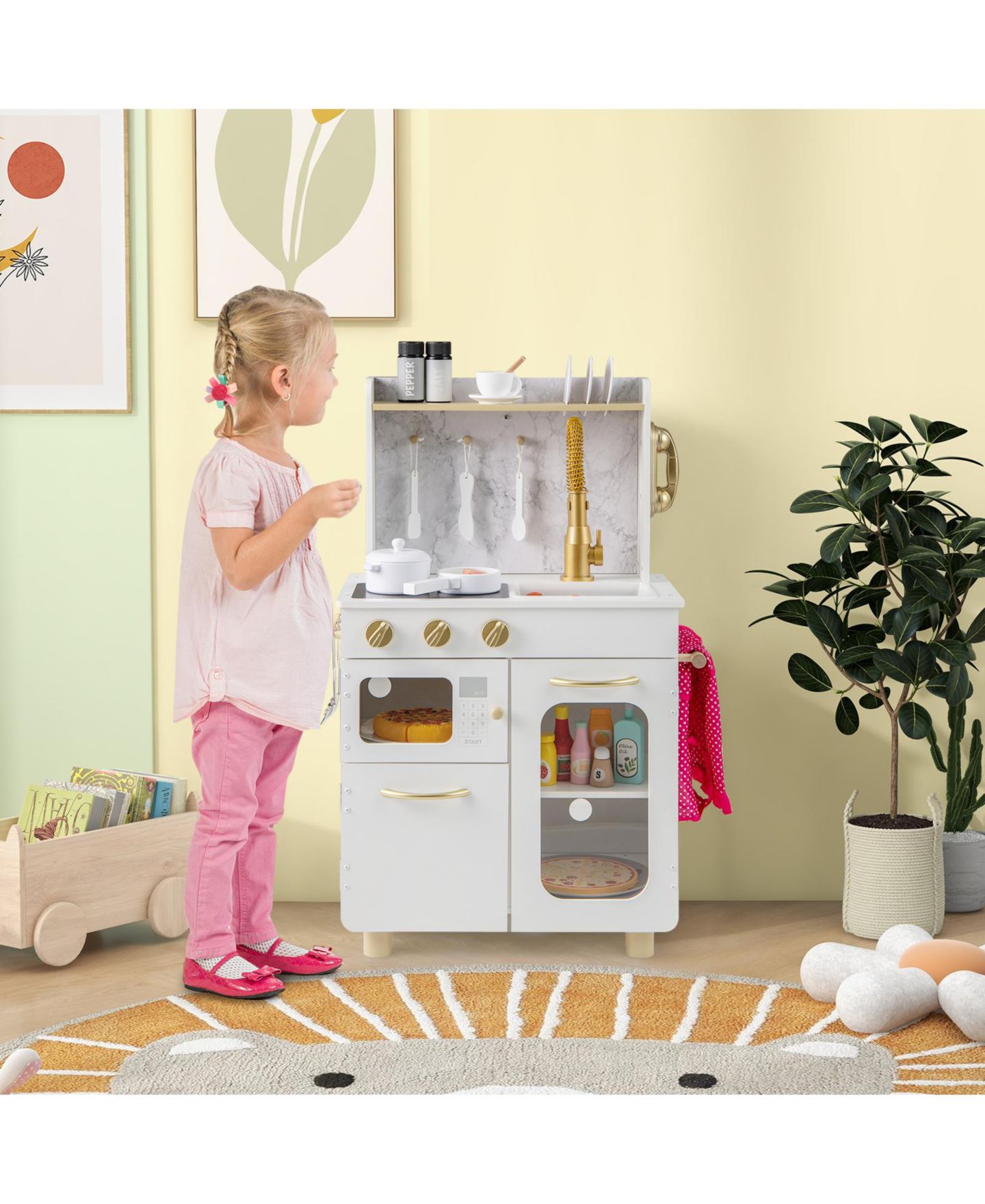 Детская игрушка Gymax Wooden Play Kitchen with Stoves, Sink & Faucet and Telephone, Ages 3+, цвет: Белый — фото 4