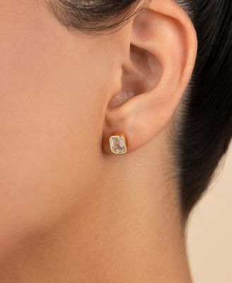 Sterling Silver Emerald Cut Bezel Set Stud Earrings
