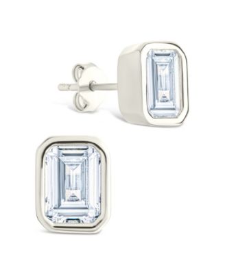 Sterling Silver Emerald Cut Bezel Set Stud Earrings