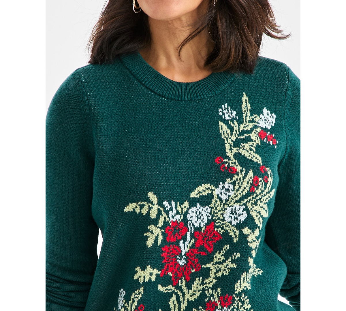 Style & Co Petite Whimsy Floral Long Sleeves Pull-on Sweater, Macy's Exclusive In Green