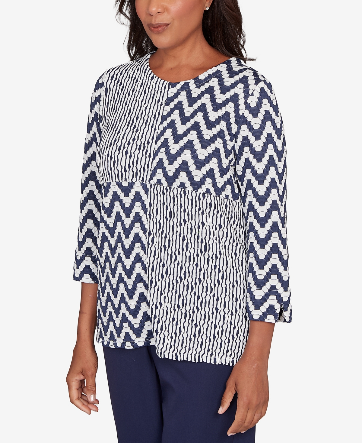 Alfred Dunner Plus Size Saratoga Springs Textured Panel Spliced Knit Top In Blue