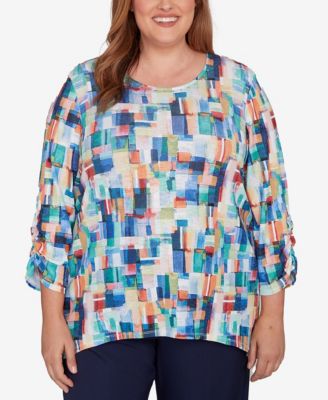 Plus Size Saratoga Springs Tile Print Colorblock Textured Top