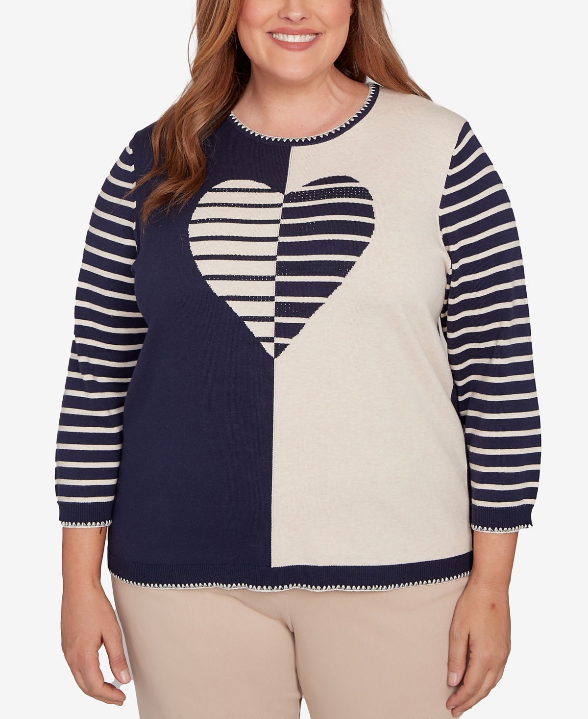 Alfred Dunner Plus Size Saratoga Springs Heart Motif Detail Striped Sweater In Blue