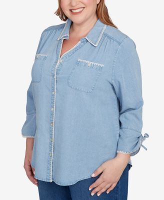 Plus Size Hilton Head Blanket Stitch Trim Button-Front Top