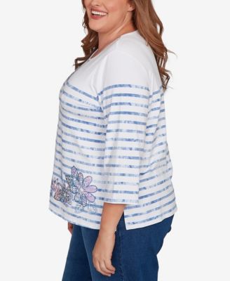 Plus Size Hilton Head Applique Flower Tie Dye Stripe Knit Top