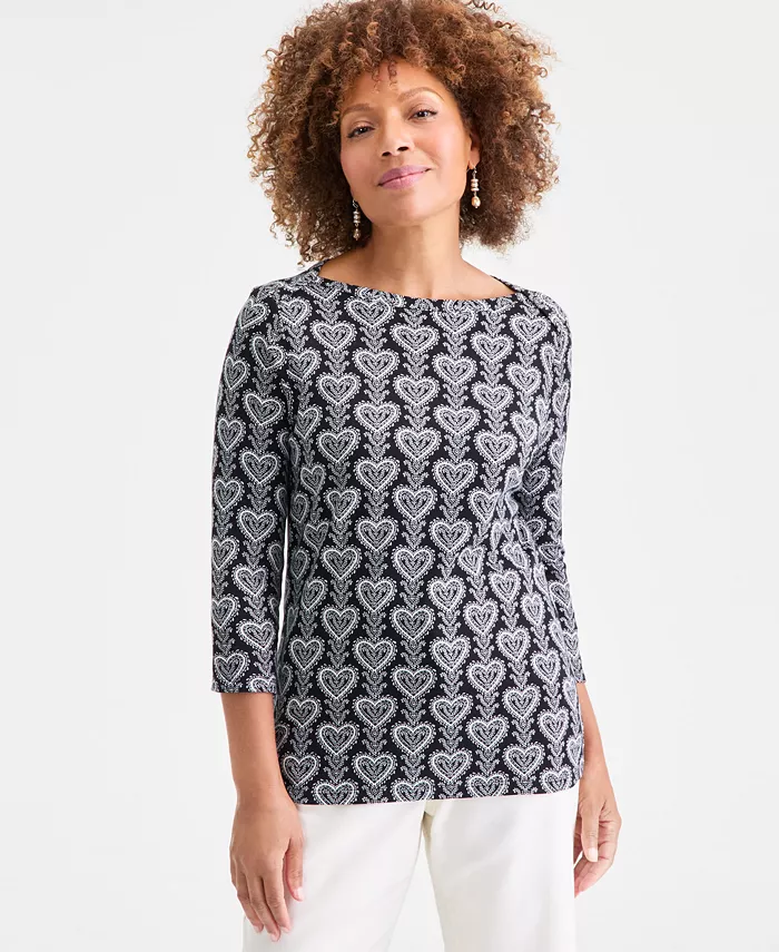 Women's Printed Pima Cotton 3/4 Sleeve Boat-Neck Top - thumbnail 7