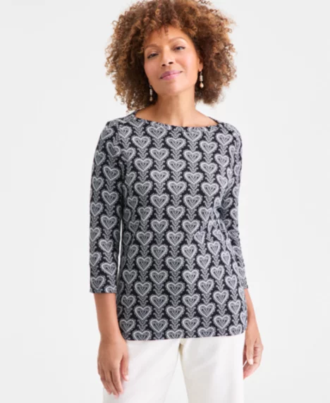 Petite Pima Trailing Hearts Top - Deep Black Combo