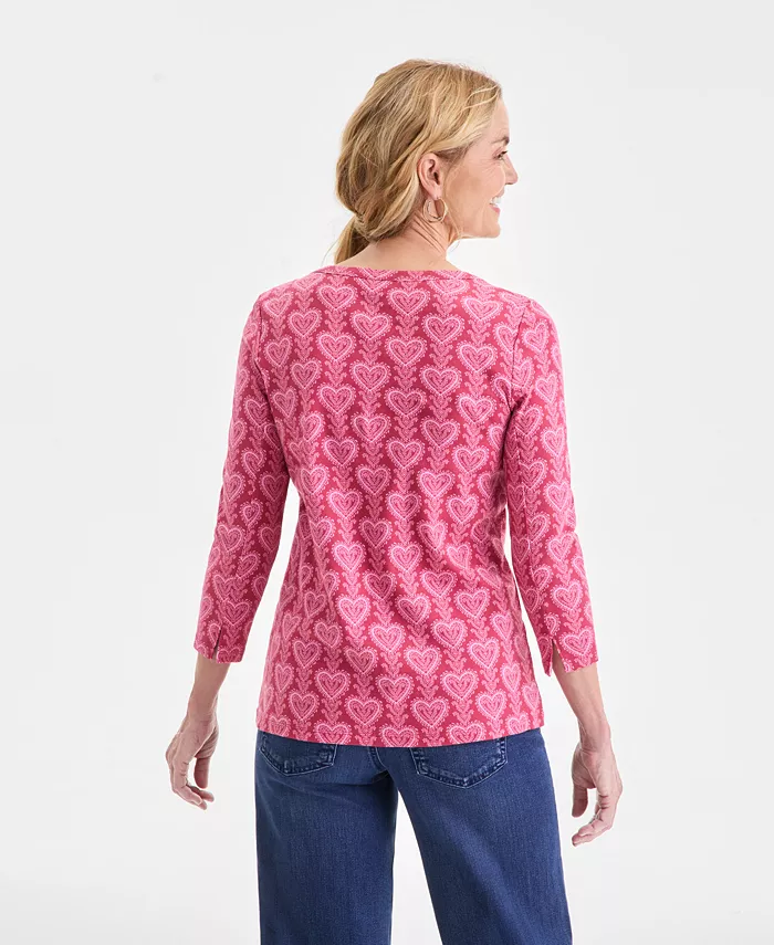 Women's Printed Pima Cotton 3/4 Sleeve Boat-Neck Top - thumbnail 2