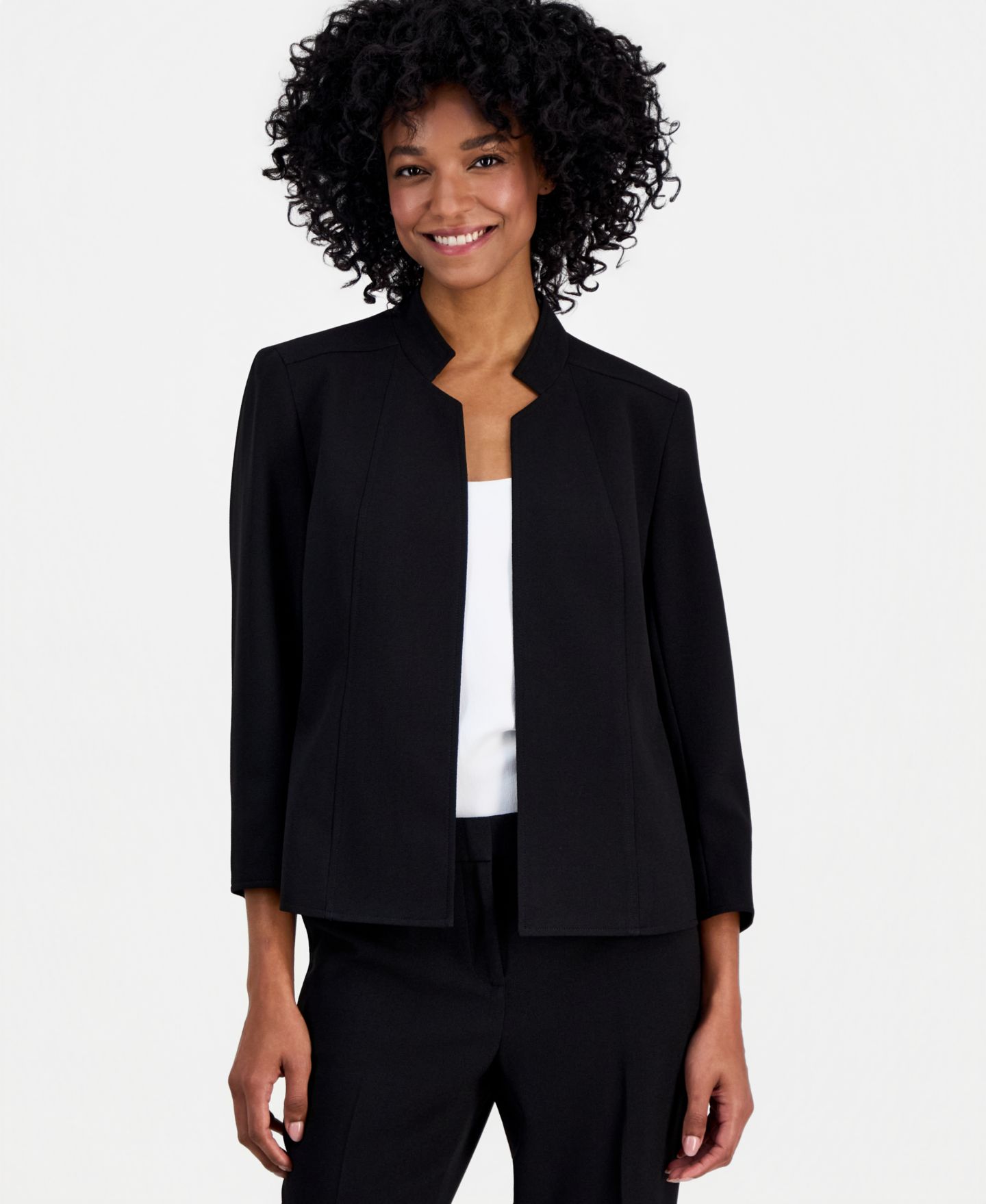 Женский пиджак Anne Klein Crepe Star-Collar Open-Front Blazer, цвет: Чёрный — фото 1