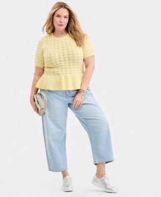Trendy Plus Size Textured Short-Sleeve Peplum Sweater, Macy's Exclusive