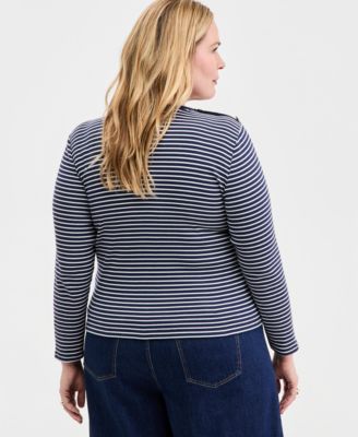 Trendy Plus Size Striped Button-Shoulder Long-Sleeve T-Shirt, Macy's Exclusive
